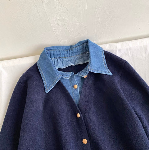 Faux Two-pieces Denim Patchwork Cardigan