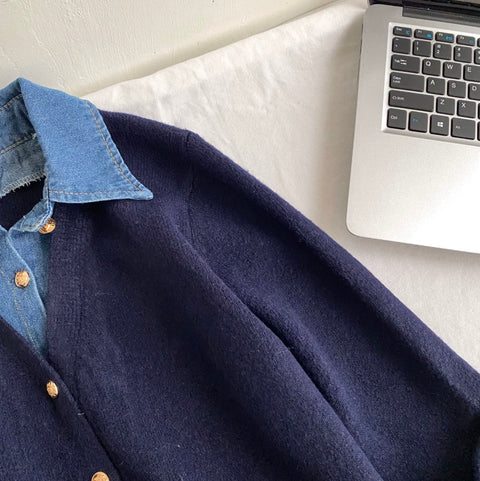 Faux Two-pieces Denim Patchwork Cardigan