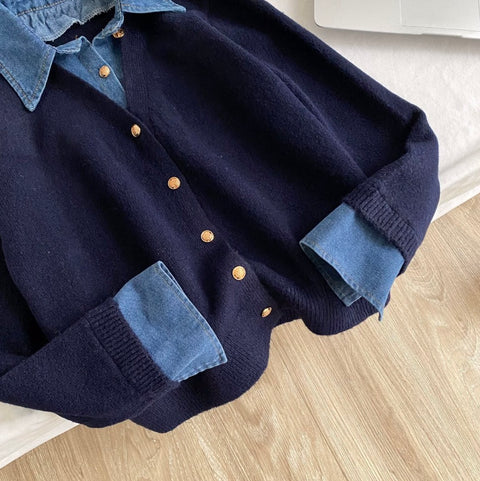 Faux Two-pieces Denim Patchwork Cardigan