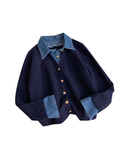 Faux Two-pieces Denim Patchwork Cardigan