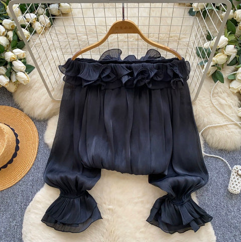 Off-shoulder 3D Ruffled Chiffon Shirt