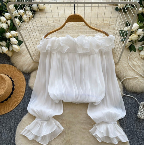 Off-shoulder 3D Ruffled Chiffon Shirt