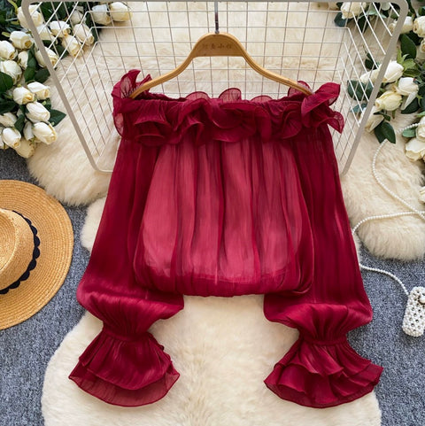 Off-shoulder 3D Ruffled Chiffon Shirt