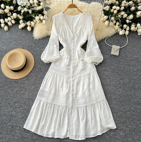 Elegant V-neck White Lace Dress