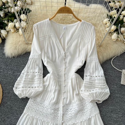 Elegant V-neck White Lace Dress