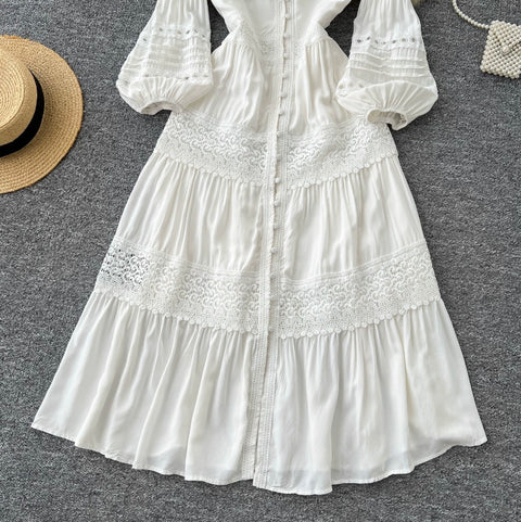 Elegant V-neck White Lace Dress