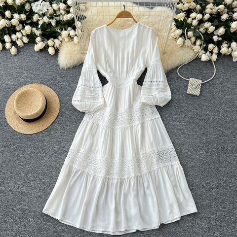 Elegant V-neck White Lace Dress