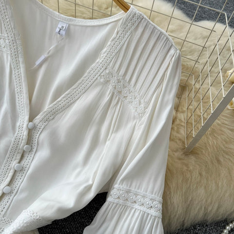 Elegant V-neck White Lace Dress