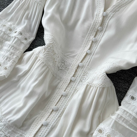 Elegant V-neck White Lace Dress