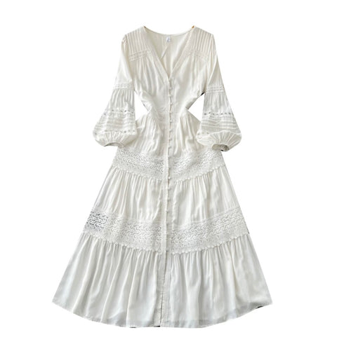 Elegant V-neck White Lace Dress