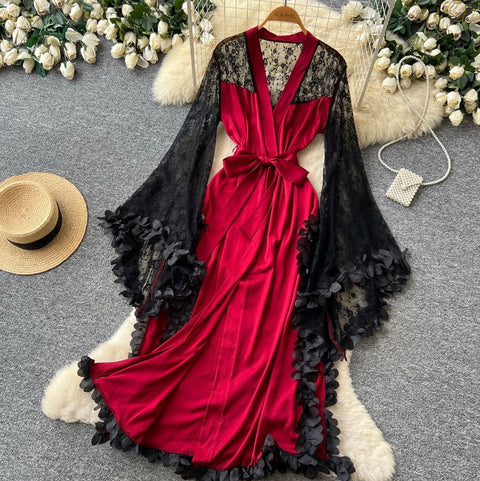 Sexy Satin Patchwork Lace Dress