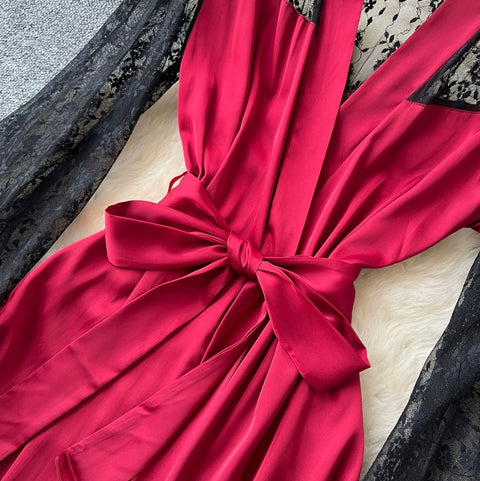 Sexy Satin Patchwork Lace Dress