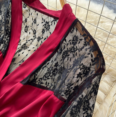 Sexy Satin Patchwork Lace Dress