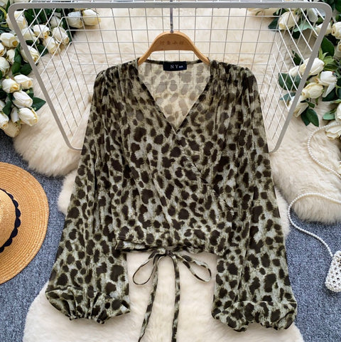 Green Leopard Print Lace-up Shirt