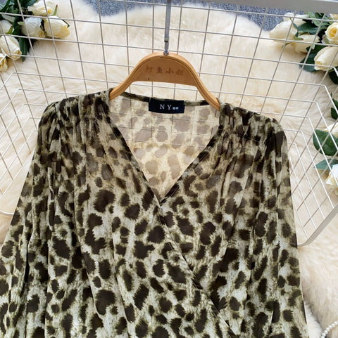 Green Leopard Print Lace-up Shirt