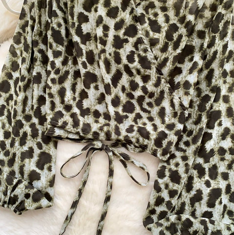 Green Leopard Print Lace-up Shirt