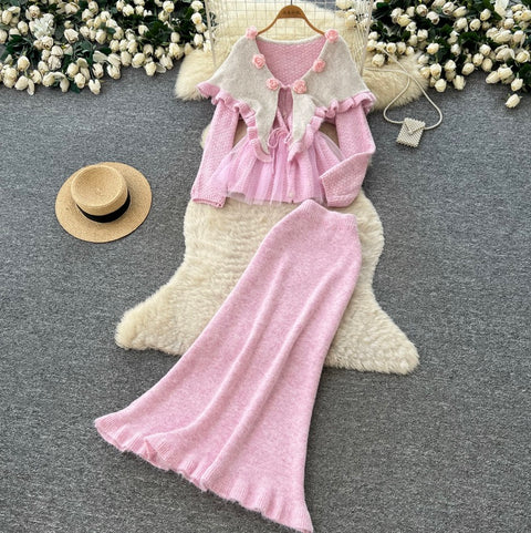 Sweetie Doll-collar Sweater & Skirt 2Pcs