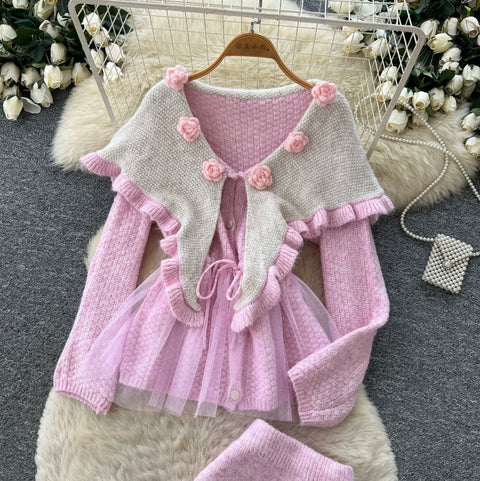Sweetie Doll-collar Sweater & Skirt 2Pcs