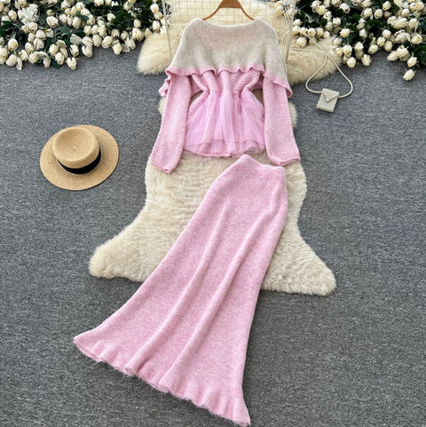 Sweetie Doll-collar Sweater & Skirt 2Pcs