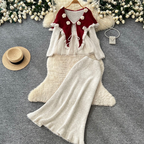 Sweetie Doll-collar Sweater & Skirt 2Pcs