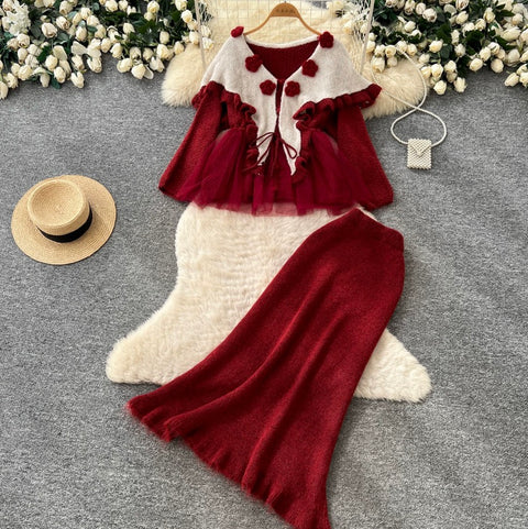 Sweetie Doll-collar Sweater & Skirt 2Pcs