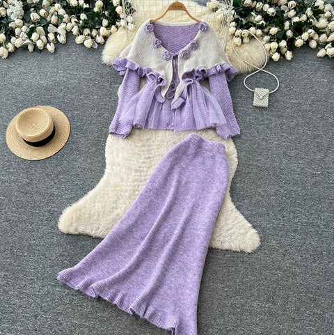 Sweetie Doll-collar Sweater & Skirt 2Pcs
