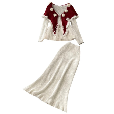 Sweetie Doll-collar Sweater & Skirt 2Pcs