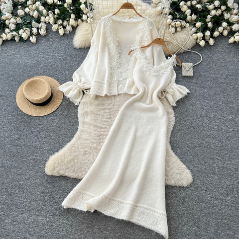 Lace Patchwork Cardigan&Slip Dress 2Pcs