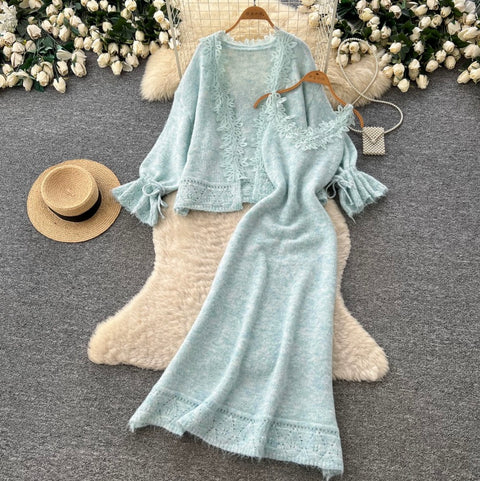 Lace Patchwork Cardigan&Slip Dress 2Pcs