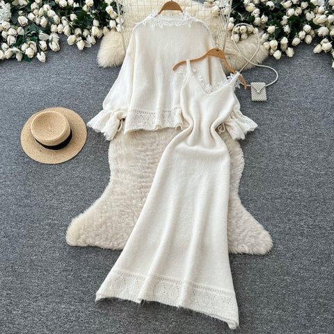 Lace Patchwork Cardigan&Slip Dress 2Pcs