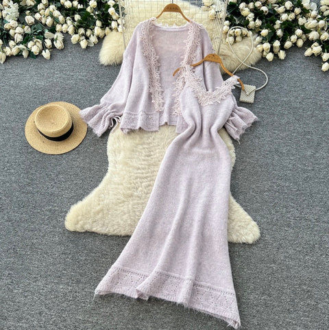 Lace Patchwork Cardigan&Slip Dress 2Pcs