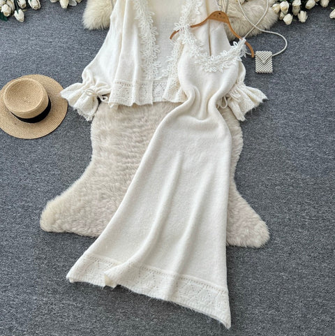 Lace Patchwork Cardigan&Slip Dress 2Pcs