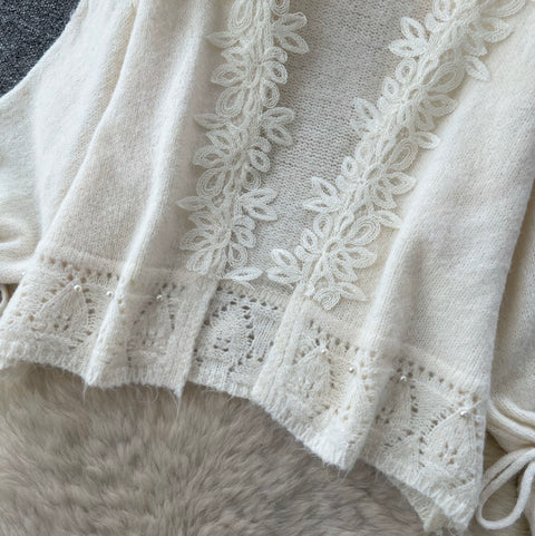 Lace Patchwork Cardigan&Slip Dress 2Pcs