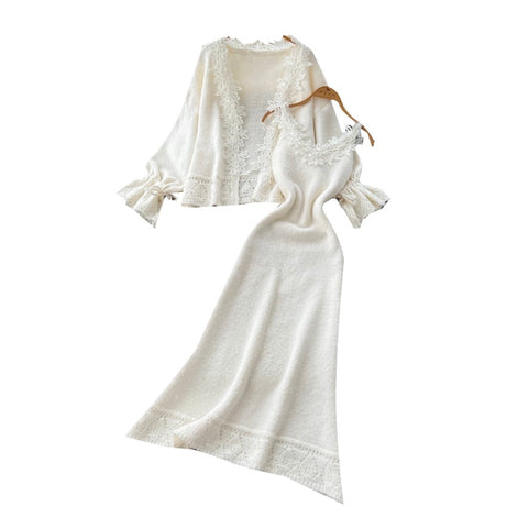 Lace Patchwork Cardigan&Slip Dress 2Pcs