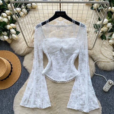 Flared Sleeve White Lace Top