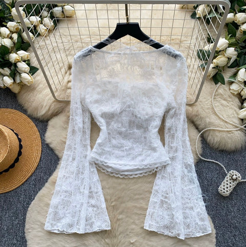 Flared Sleeve White Lace Top