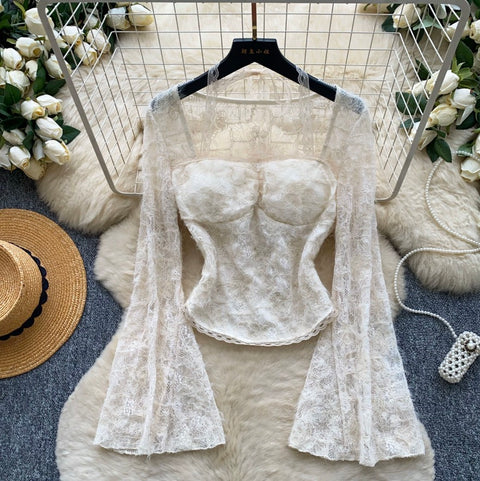 Flared Sleeve White Lace Top