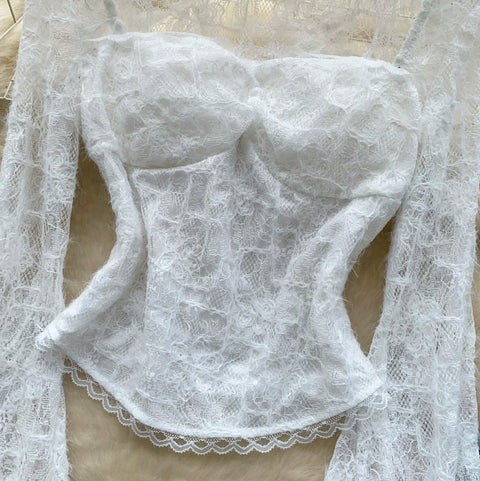 Flared Sleeve White Lace Top