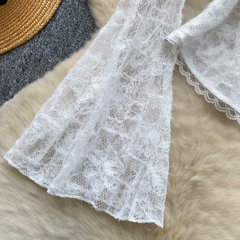 Flared Sleeve White Lace Top