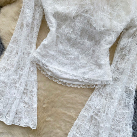 Flared Sleeve White Lace Top