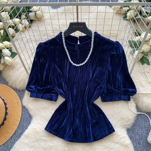 French Style Blue Velvet Top