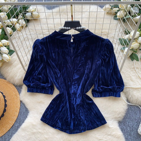 French Style Blue Velvet Top