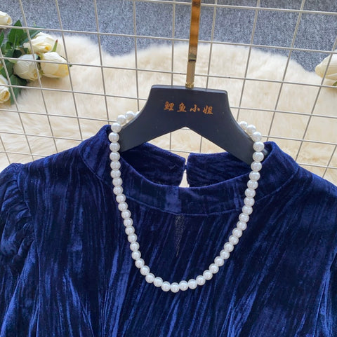 French Style Blue Velvet Top