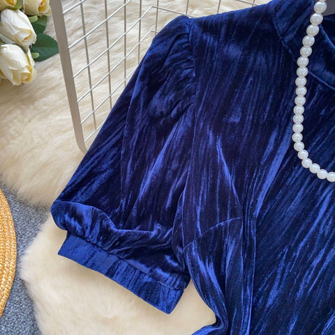 French Style Blue Velvet Top