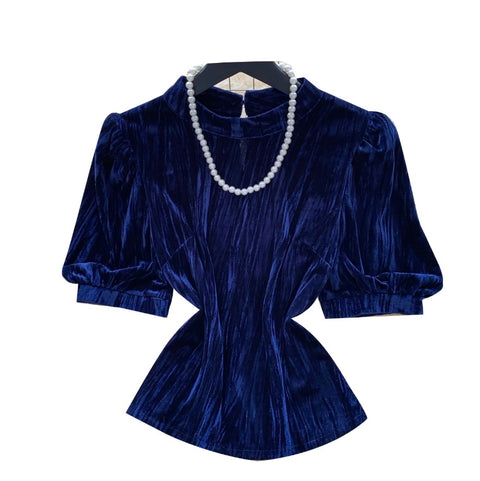 French Style Blue Velvet Top