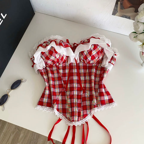 Lace Trim Plaid Fishbone Camisole