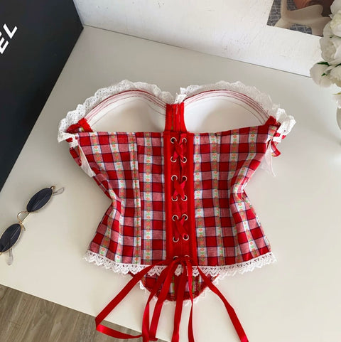 Lace Trim Plaid Fishbone Camisole