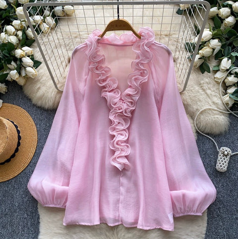 Deep V-neck Loose Ruffled Top