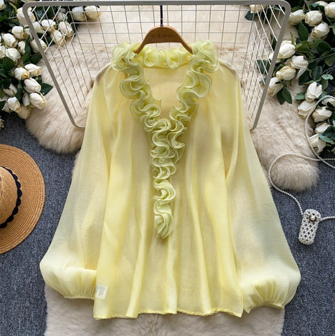 Deep V-neck Loose Ruffled Top