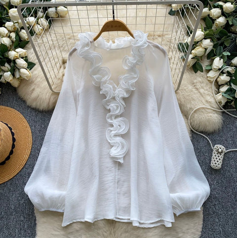 Deep V-neck Loose Ruffled Top